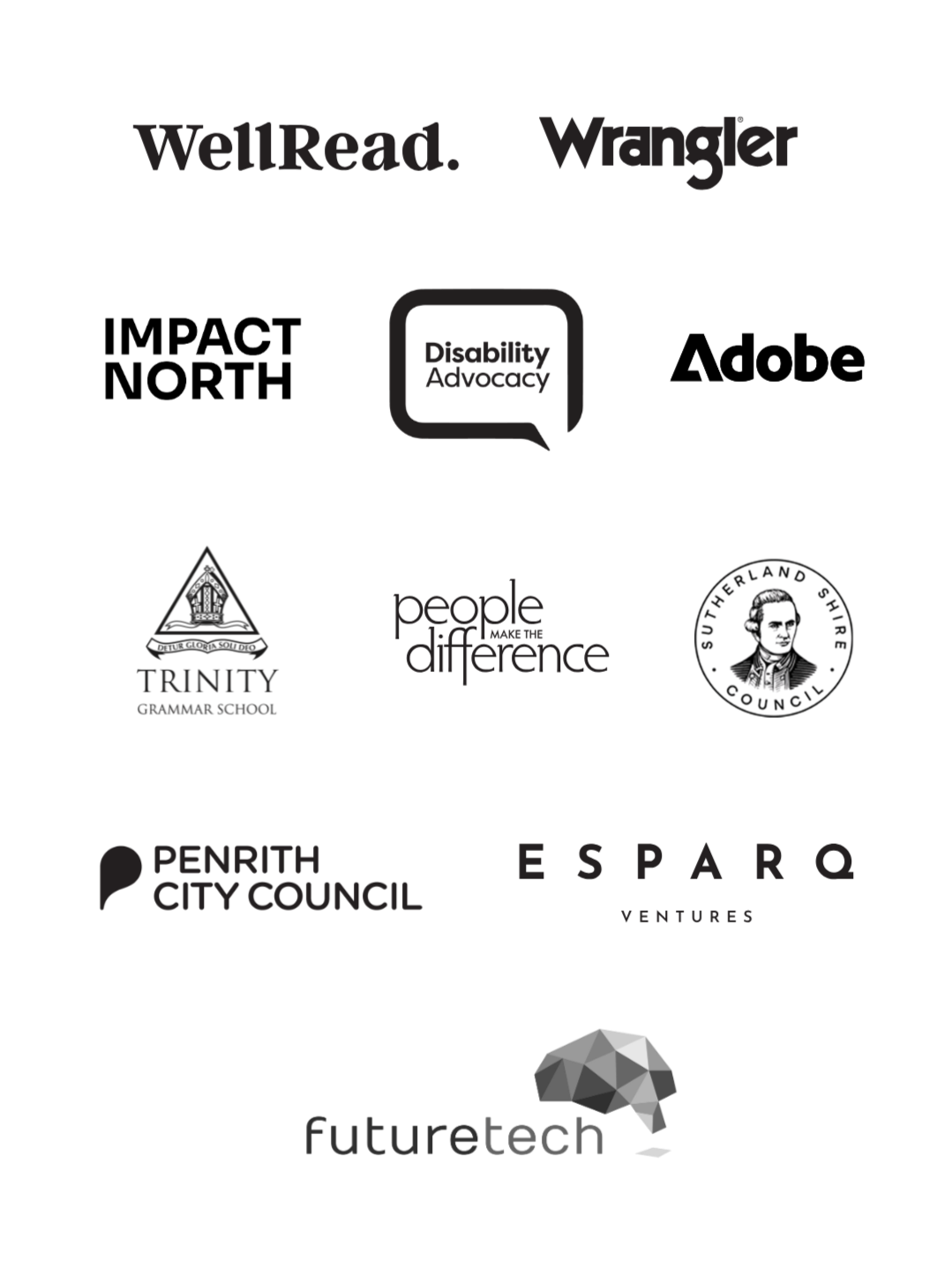 Brand logos for WellRead, Wrangler, Penrith City Council, Sutherland Shire Council, Trinity Grammar School, Impact North, Adobe, People Make the Difference, Esparq, and Futuretech